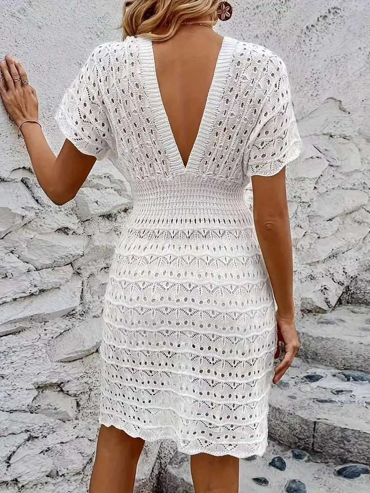 Women's Crochet Dress - Knee-Length - Deep V-Neck - Short Sleeve - Elegant Beachwear