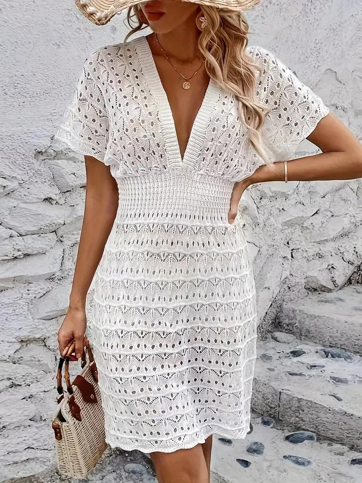 Women's Crochet Dress - Knee-Length - Deep V-Neck - Short Sleeve - Elegant Beachwear