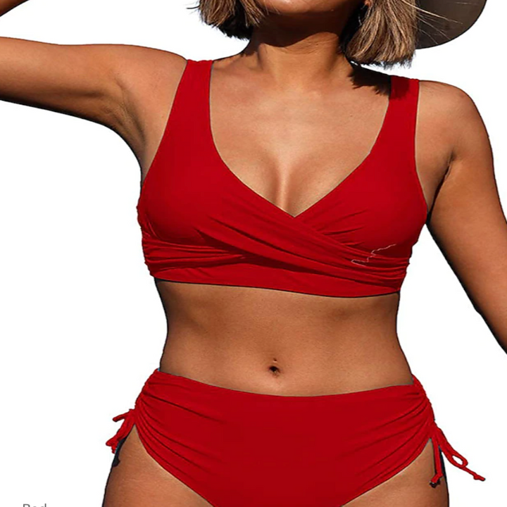 Women’s Bikini Set – Wrap Top – High-Waisted – Adjustable Ruched Sides – Breathable Blend