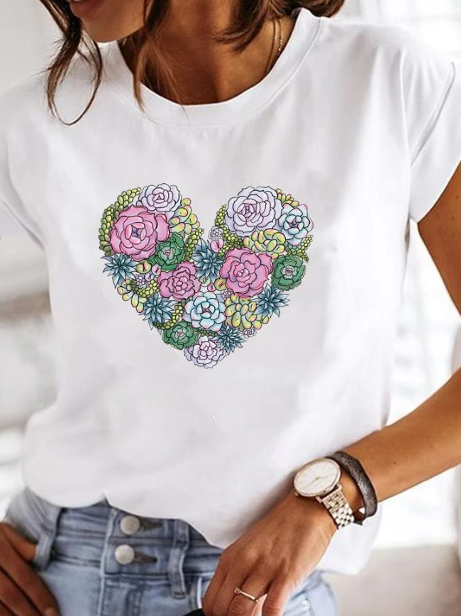 Women’s T-Shirt – Relaxed Fit – Soft Knit – Crew Neck – Heart Graphic Casual Style