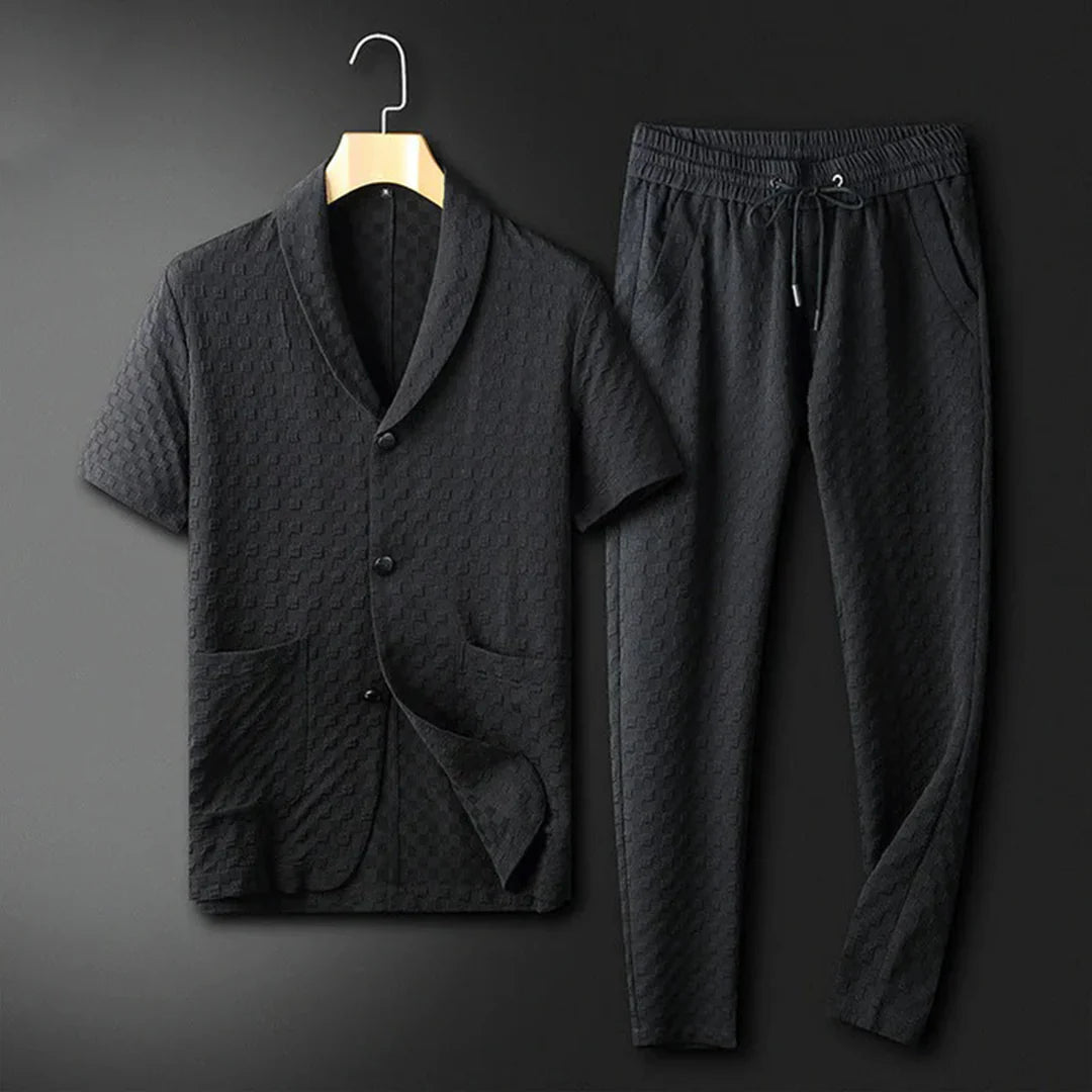 Men’s Lounge Set – Relaxed Fit – Breathable Blend – Short Sleeve Shirt with Drawstring Pants