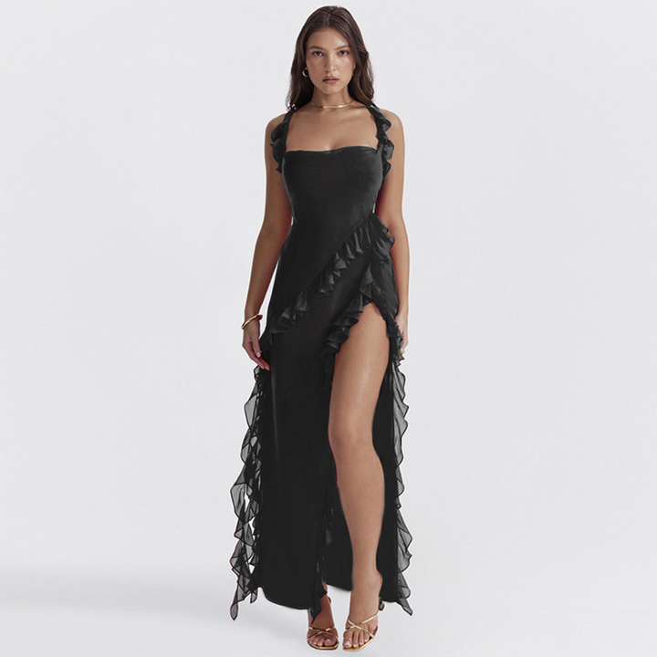 Women’s Evening Gown - Floor-Length - Square Neck - Ruffle Detail - High Slit