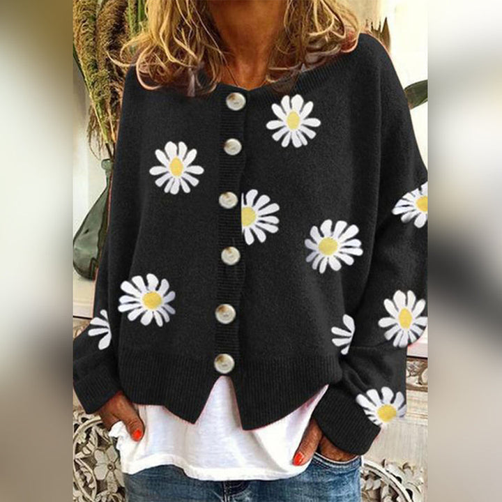 Women’s Knit Cardigan – Oversized Fit – Soft Knit – Daisy Print – Ribbed Trim
