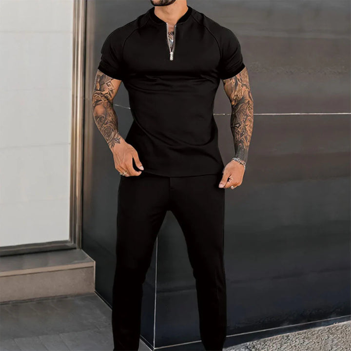 Men’s Two-Piece Set – Slim Fit – Breathable Blend – Short Sleeve with Zip Collar