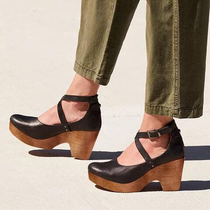 Women’s Wedge Heel Shoes – Closed Toe – Leather Upper – Ankle Strap – Platform Sole