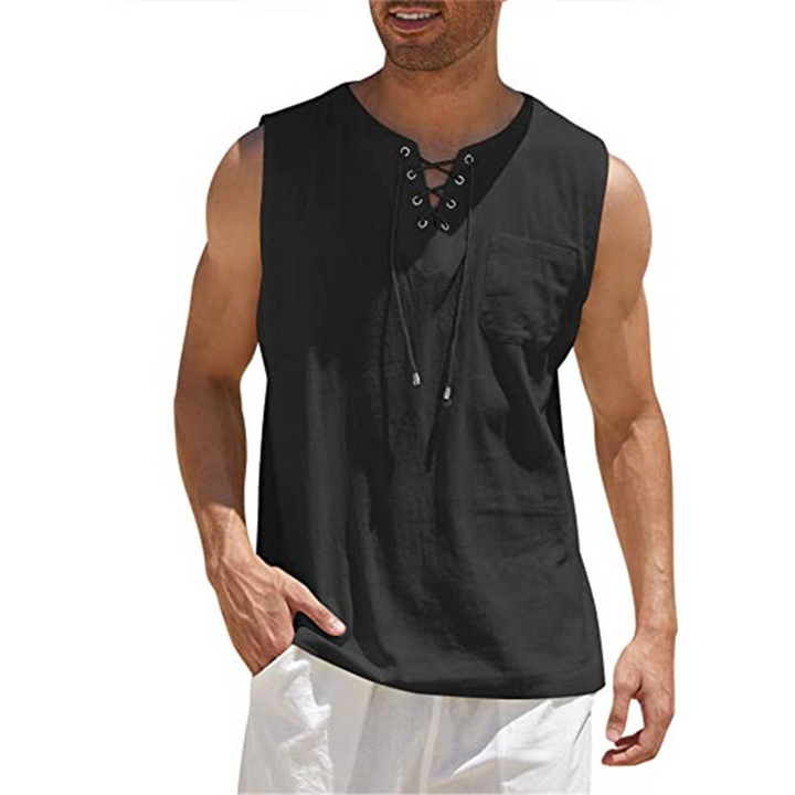 Men’s Sleeveless Shirt – Relaxed Fit – Breathable Blend – Lace-Up Front – Casual Style