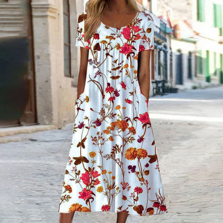 Women’s Midi Dress – A-Line Fit – Breathable Blend – Floral Print – Short Sleeve – Pockets