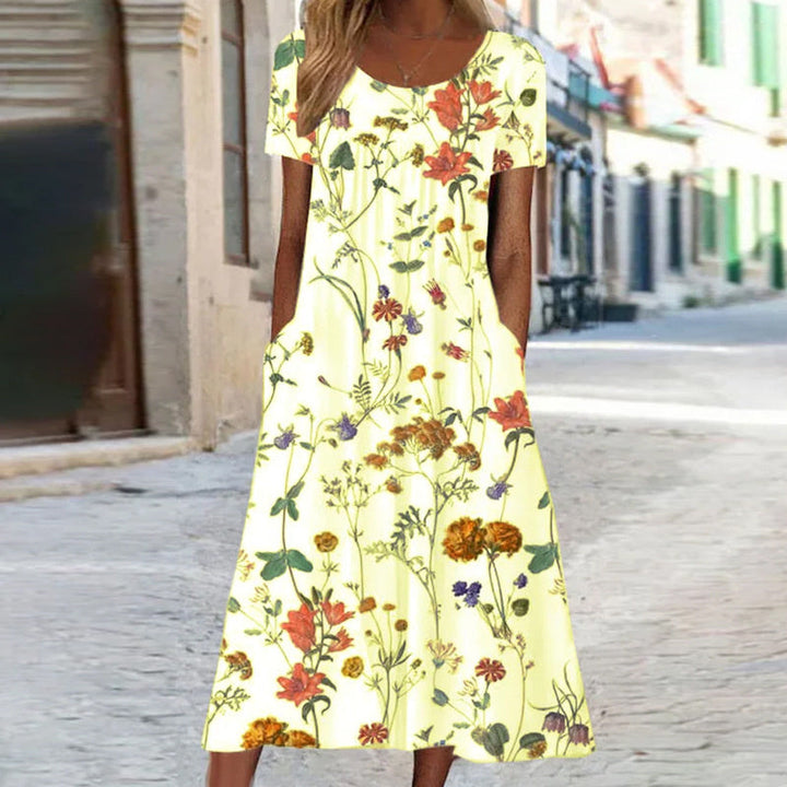 Women’s Midi Dress – A-Line Fit – Breathable Blend – Floral Print – Short Sleeve – Pockets
