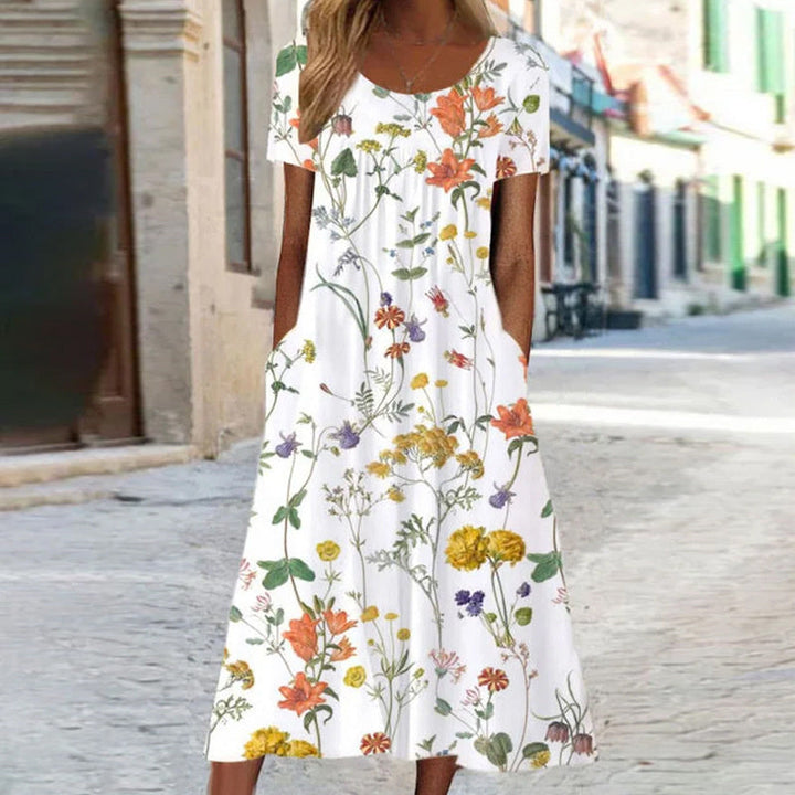 Women’s Midi Dress – A-Line Fit – Breathable Blend – Floral Print – Short Sleeve – Pockets