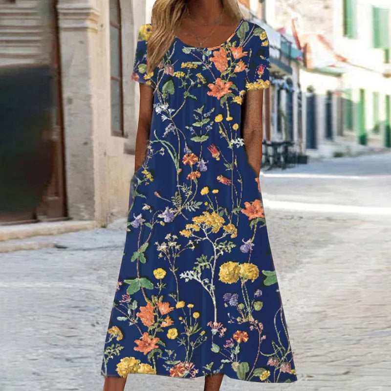 Women’s Midi Dress – A-Line Fit – Breathable Blend – Floral Print – Short Sleeve – Pockets