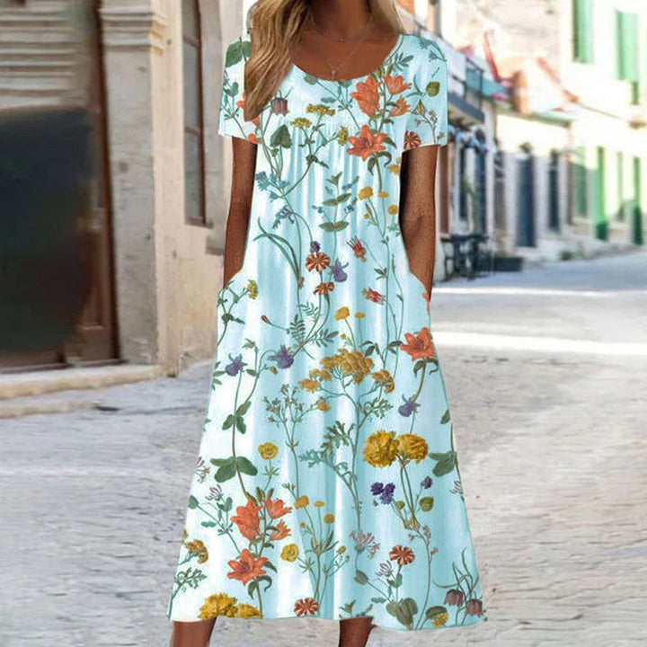 Women’s Midi Dress – A-Line Fit – Breathable Blend – Floral Print – Short Sleeve – Pockets