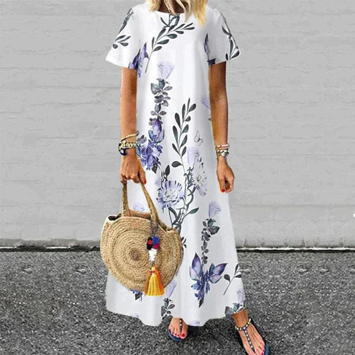 Women’s Maxi Dress – Natural Fibers – Relaxed Fit – Short Sleeve – Floral Print