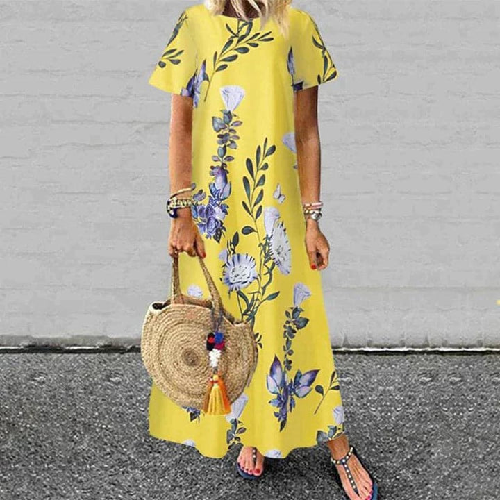 Women’s Maxi Dress – Natural Fibers – Relaxed Fit – Short Sleeve – Floral Print
