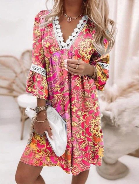 Women's Casual Dress - Loose Fit - V-Neck Lace Trim - Three-Quarter Sleeve - Printed Boho Style
