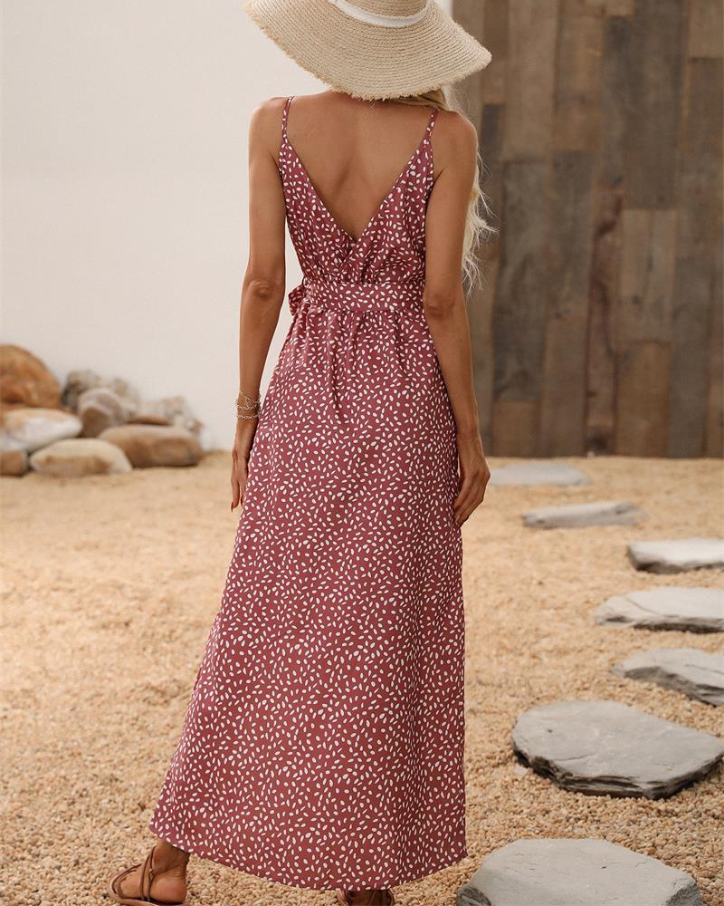 Women's Maxi Dress - V-Neck Wrap Style - Spaghetti Straps - High Slit Flowy Fit