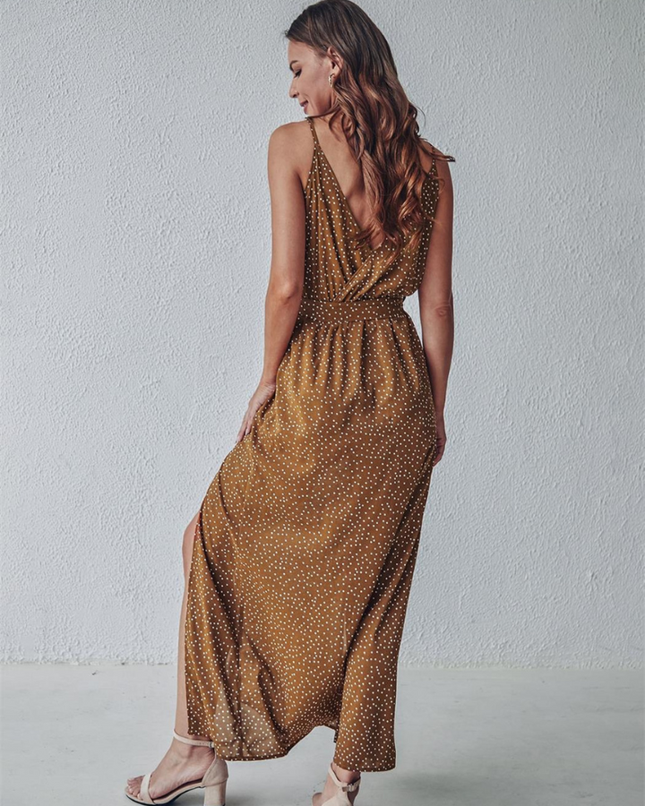 Women's Maxi Dress - V-Neck Wrap Style - Spaghetti Straps - High Slit Flowy Fit