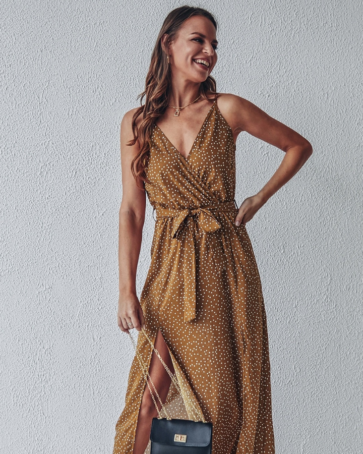 Women's Maxi Dress - V-Neck Wrap Style - Spaghetti Straps - High Slit Flowy Fit
