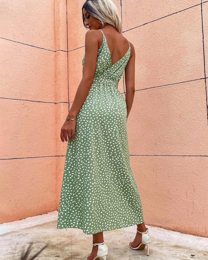 Women's Maxi Dress - V-Neck Wrap Style - Spaghetti Straps - High Slit Flowy Fit