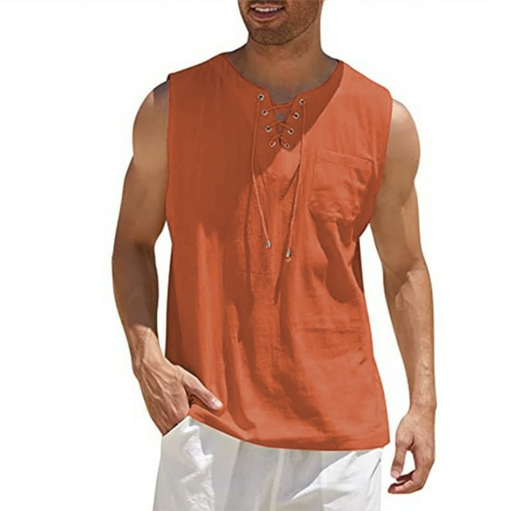 Men’s Sleeveless Shirt – Relaxed Fit – Breathable Blend – Lace-Up Front – Casual Style