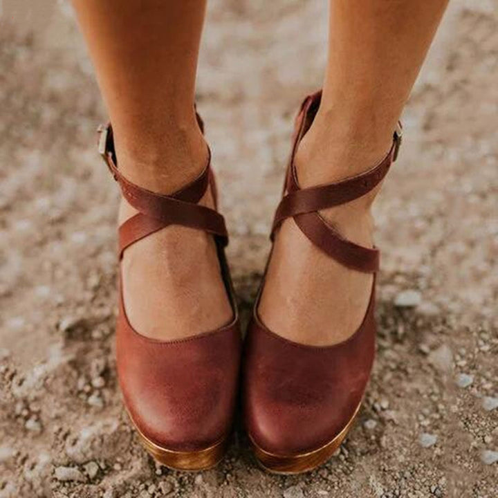Women’s Wedge Heel Shoes – Closed Toe – Leather Upper – Ankle Strap – Platform Sole