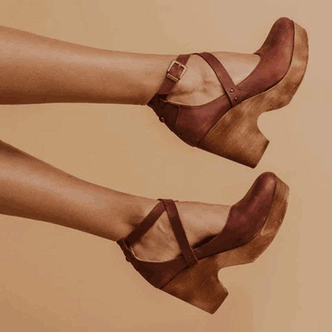 Women’s Wedge Heel Shoes – Closed Toe – Leather Upper – Ankle Strap – Platform Sole