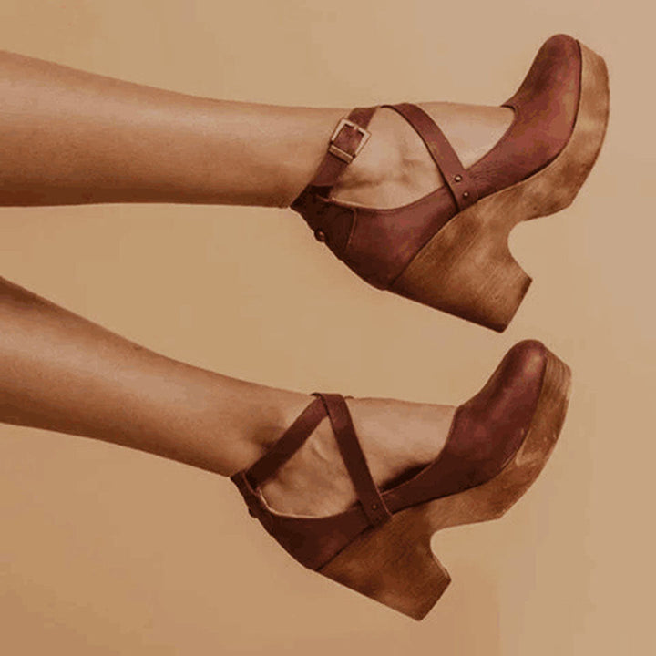 Women’s Wedge Heel Shoes – Closed Toe – Leather Upper – Ankle Strap – Platform Sole