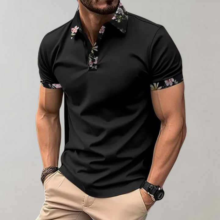 Men's Polo Shirt - Slim Fit - Breathable Blend - Floral Trim - Short Sleeve Casual Style