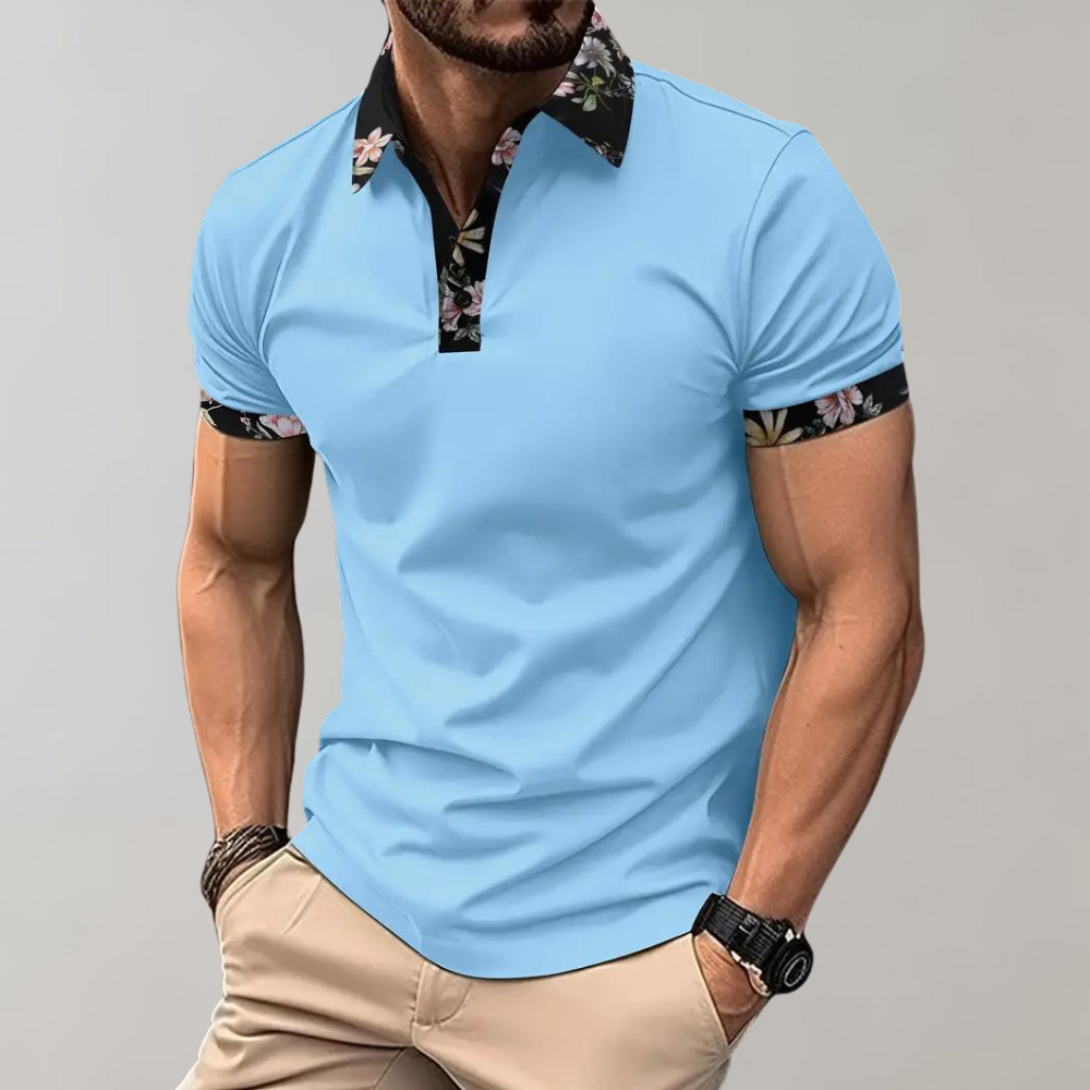 Men's Polo Shirt - Slim Fit - Breathable Blend - Floral Trim - Short Sleeve Casual Style