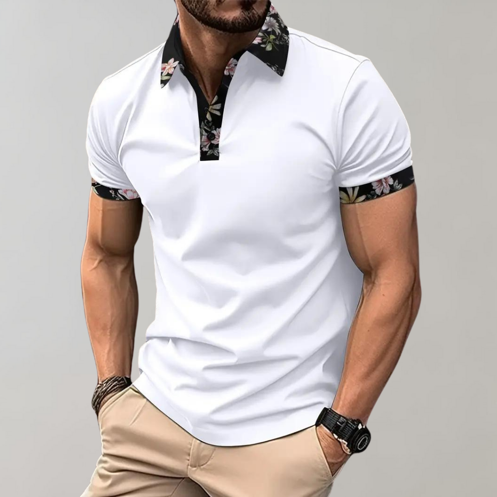 Men's Polo Shirt - Slim Fit - Breathable Blend - Floral Trim - Short Sleeve Casual Style