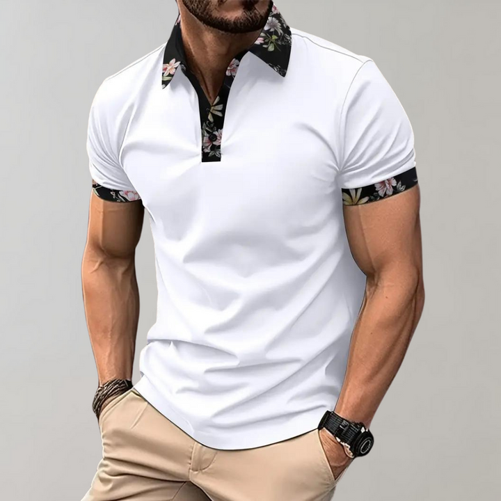 Men's Polo Shirt - Slim Fit - Breathable Blend - Floral Trim - Short Sleeve Casual Style