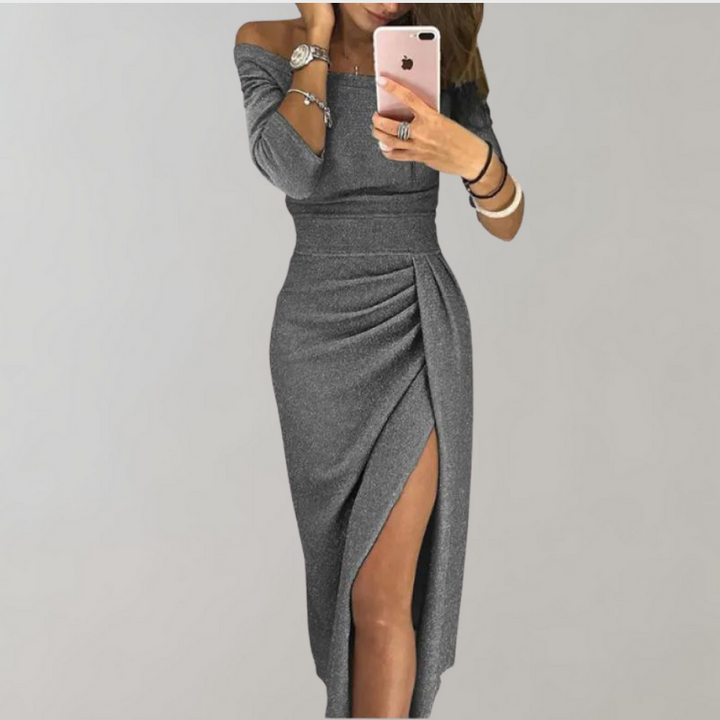 Women's Off-Shoulder Maxi Dress - Bodycon Fit - Ruched Detailing - High Slit Elegant Gown