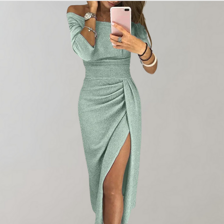 Women's Off-Shoulder Maxi Dress - Bodycon Fit - Ruched Detailing - High Slit Elegant Gown