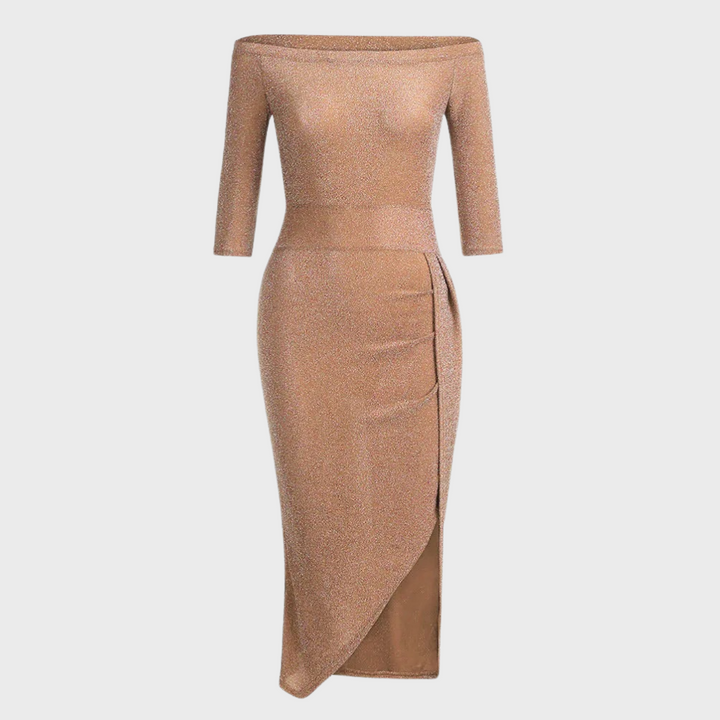 Women's Off-Shoulder Maxi Dress - Bodycon Fit - Ruched Detailing - High Slit Elegant Gown