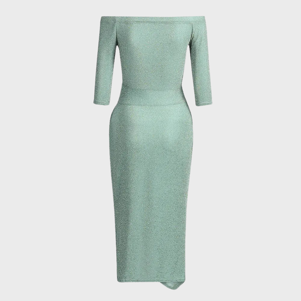 Women's Off-Shoulder Maxi Dress - Bodycon Fit - Ruched Detailing - High Slit Elegant Gown