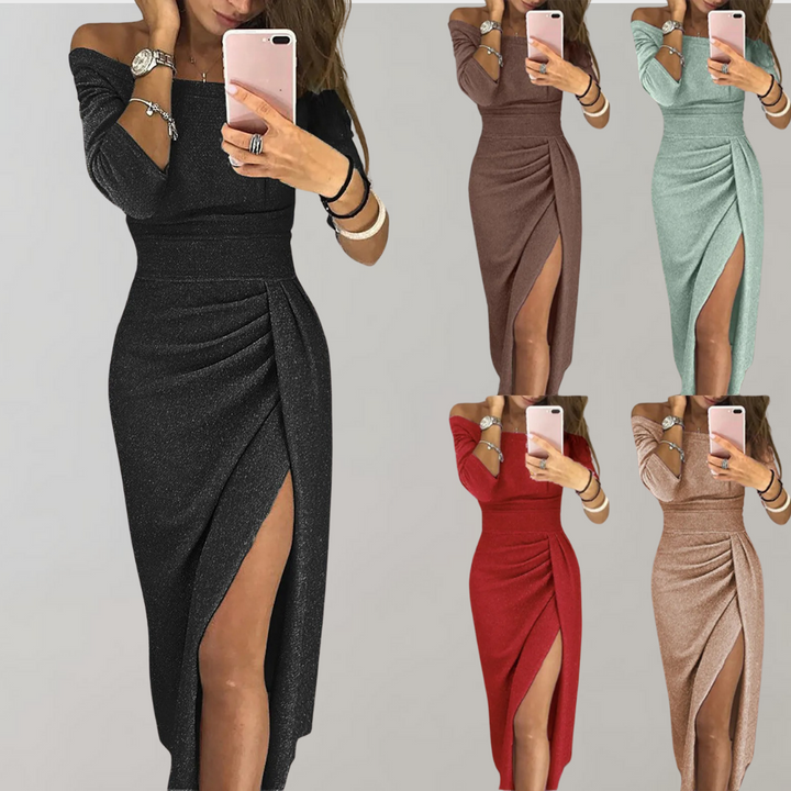 Women's Off-Shoulder Maxi Dress - Bodycon Fit - Ruched Detailing - High Slit Elegant Gown