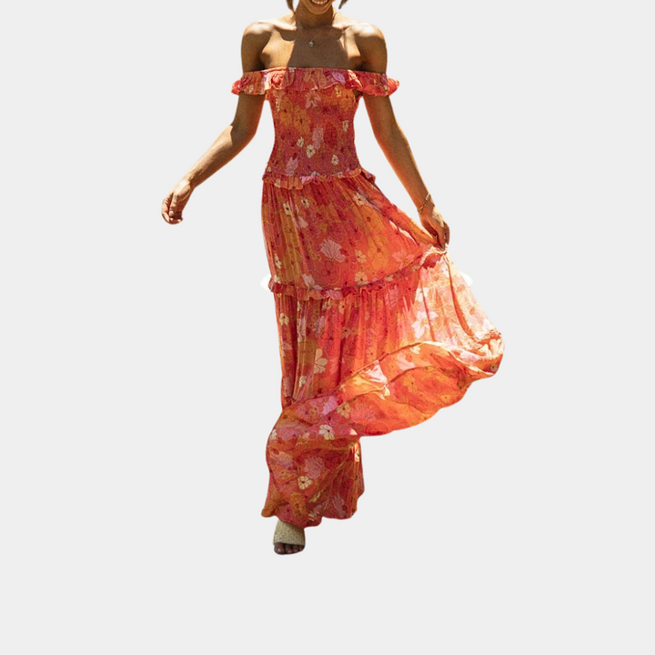 Women's Off-the-Shoulder Maxi Dress - Floral Print - Tiered A-Line Flowing Fit