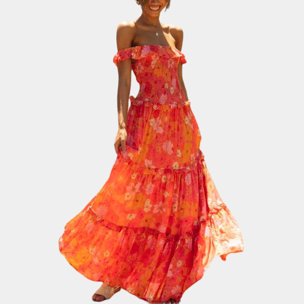 Women's Off-the-Shoulder Maxi Dress - Floral Print - Tiered A-Line Flowing Fit