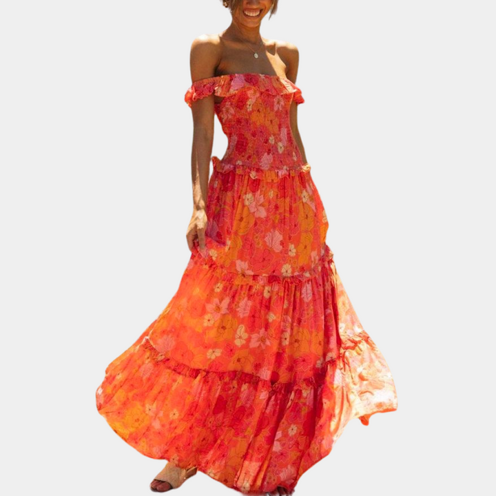 Women's Off-the-Shoulder Maxi Dress - Floral Print - Tiered A-Line Flowing Fit
