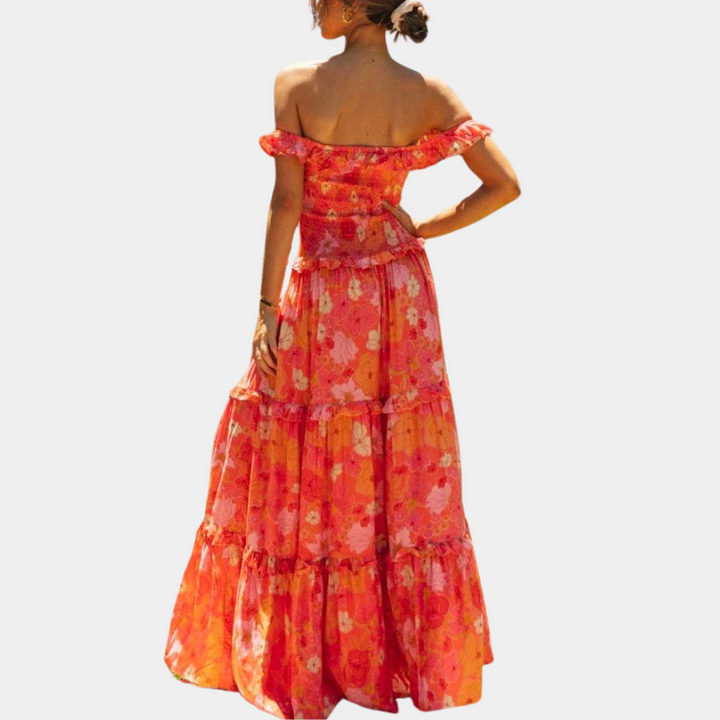 Women's Off-the-Shoulder Maxi Dress - Floral Print - Tiered A-Line Flowing Fit