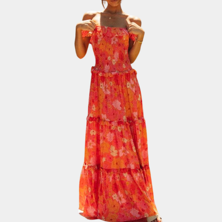 Women's Off-the-Shoulder Maxi Dress - Floral Print - Tiered A-Line Flowing Fit