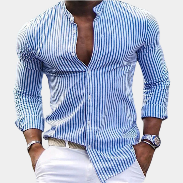 Men’s Long Sleeve Shirt - Slim Fit - Band Collar - Vertical Stripe - Breathable Blend