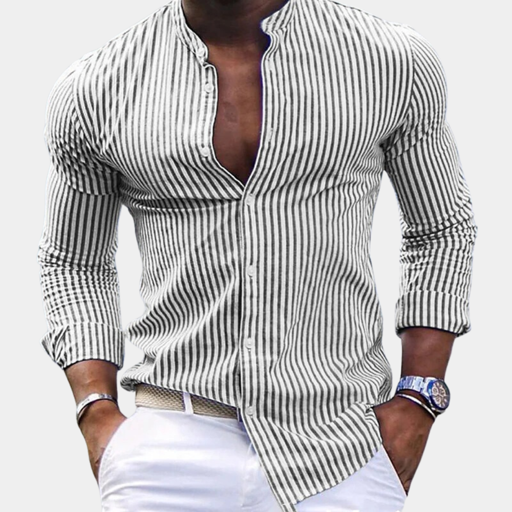 Men’s Long Sleeve Shirt - Slim Fit - Band Collar - Vertical Stripe - Breathable Blend