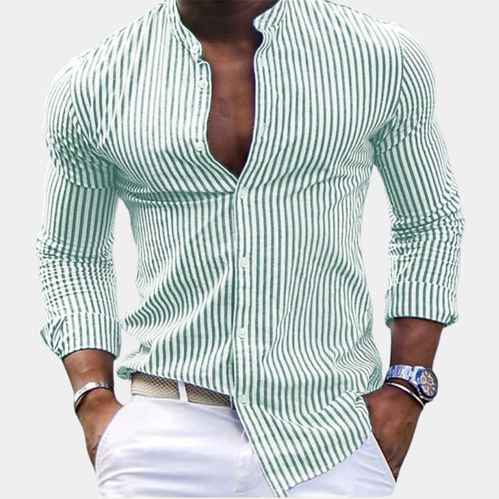 Men’s Long Sleeve Shirt - Slim Fit - Band Collar - Vertical Stripe - Breathable Blend