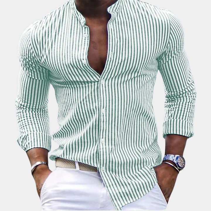 Men’s Long Sleeve Shirt - Slim Fit - Band Collar - Vertical Stripe - Breathable Blend