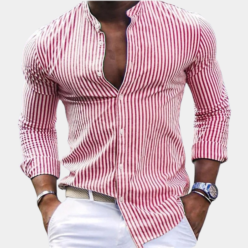 Men’s Long Sleeve Shirt - Slim Fit - Band Collar - Vertical Stripe - Breathable Blend