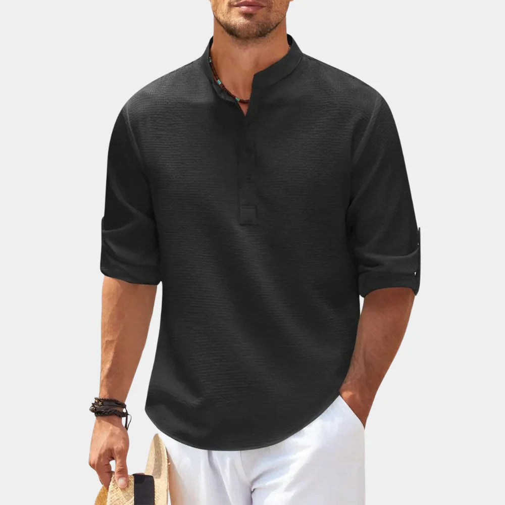 Men’s Casual Shirt – Natural Fibers – Relaxed Fit – Mandarin Collar – Rolled Sleeves