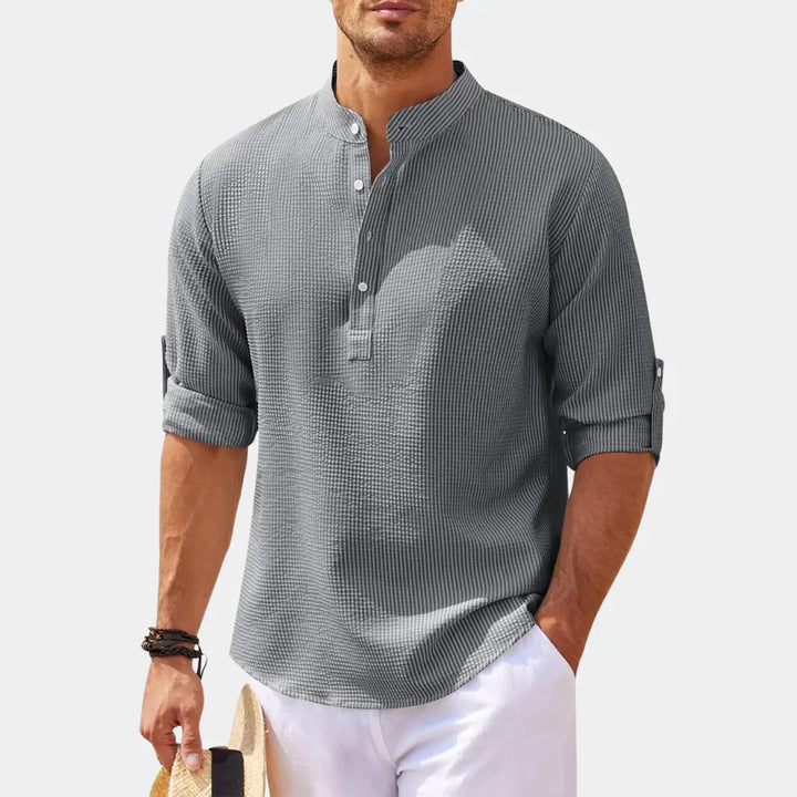 Men’s Casual Shirt – Natural Fibers – Relaxed Fit – Mandarin Collar – Rolled Sleeves