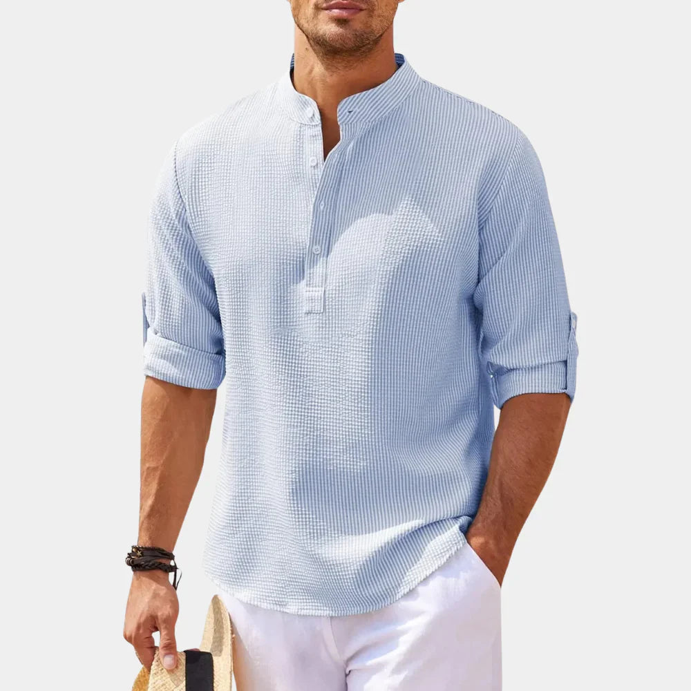 Men’s Casual Shirt – Natural Fibers – Relaxed Fit – Mandarin Collar – Rolled Sleeves