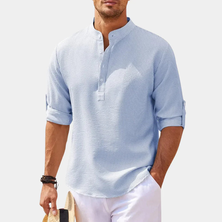 Men’s Casual Shirt – Natural Fibers – Relaxed Fit – Mandarin Collar – Rolled Sleeves