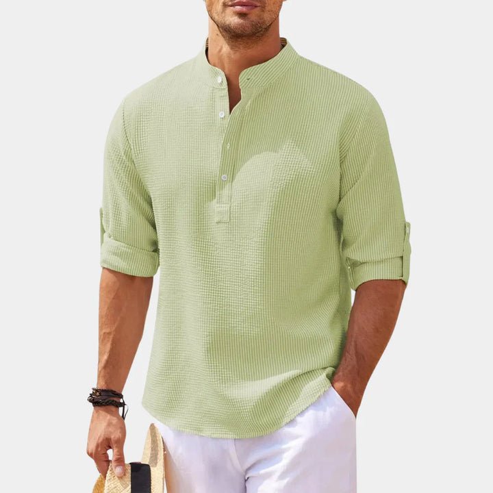 Men’s Casual Shirt – Natural Fibers – Relaxed Fit – Mandarin Collar – Rolled Sleeves